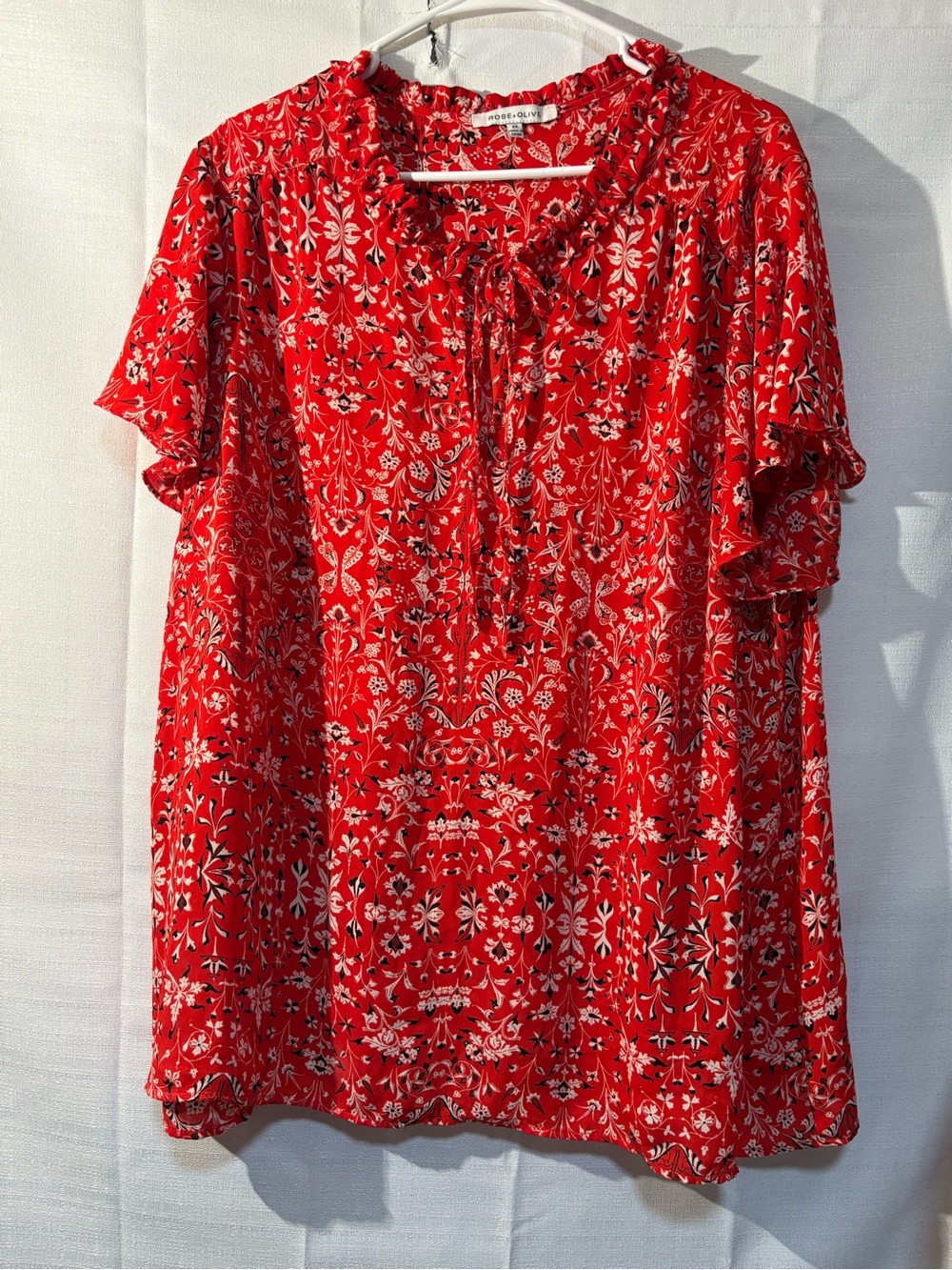 Rose & Olive Red Floral Ruffle Tie-Neck Tunic - Picture 13 of 13